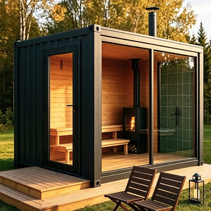 Modular Glass Wall Timber Interior Visible Stove Outdoor Sauna