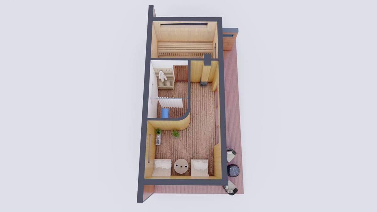 Modular sauna terrace and lounge exterior