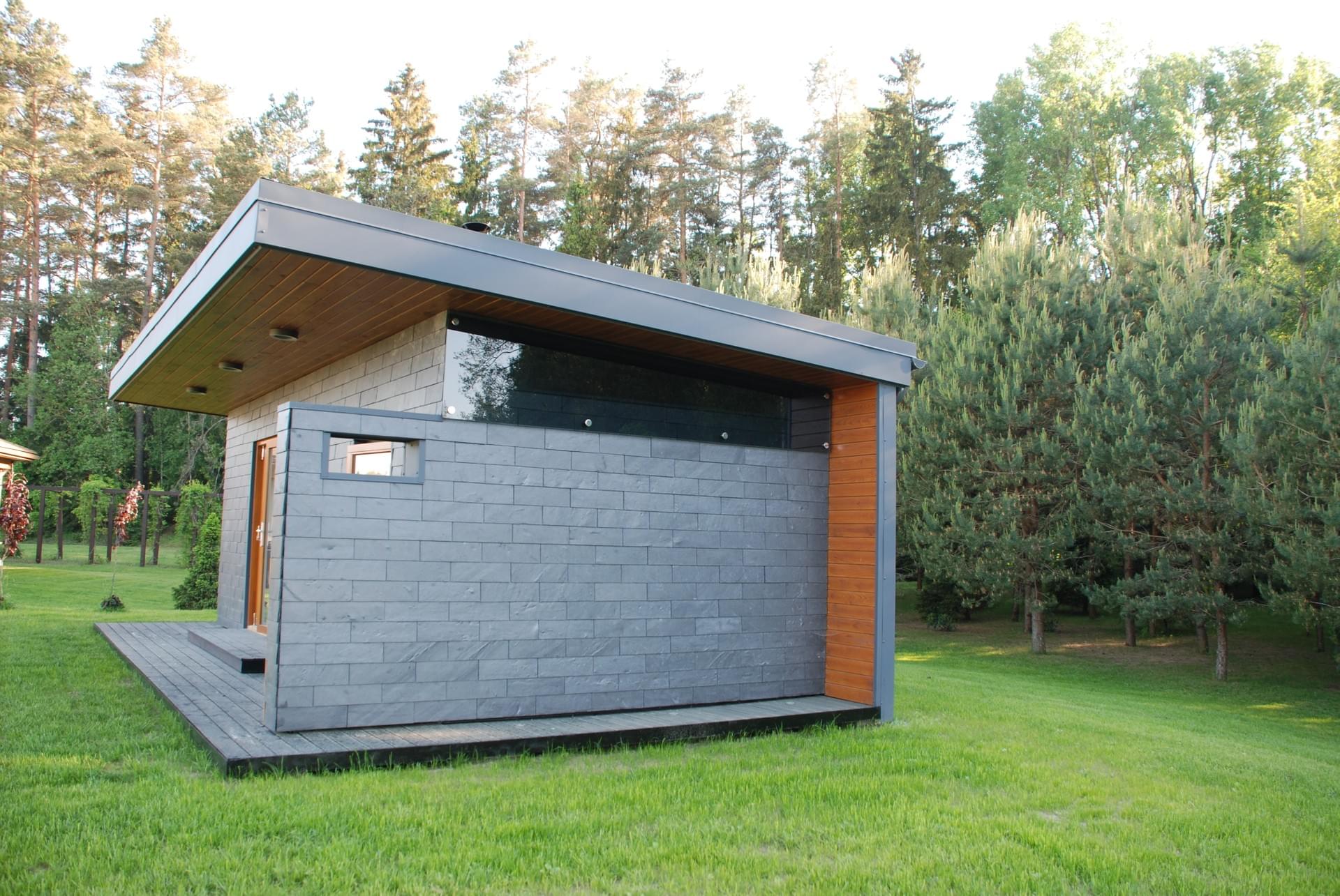Slate panel exterior cladding for outdoor sauna