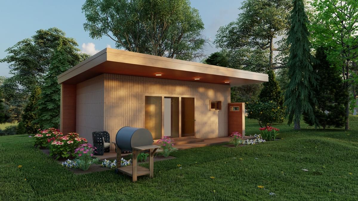 Completed outdoor modular sauna cabin on site